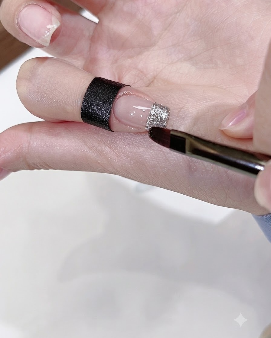 Un pincel plano para uñas aplicando gel de purpurina plateada en la punta de una uña nude.