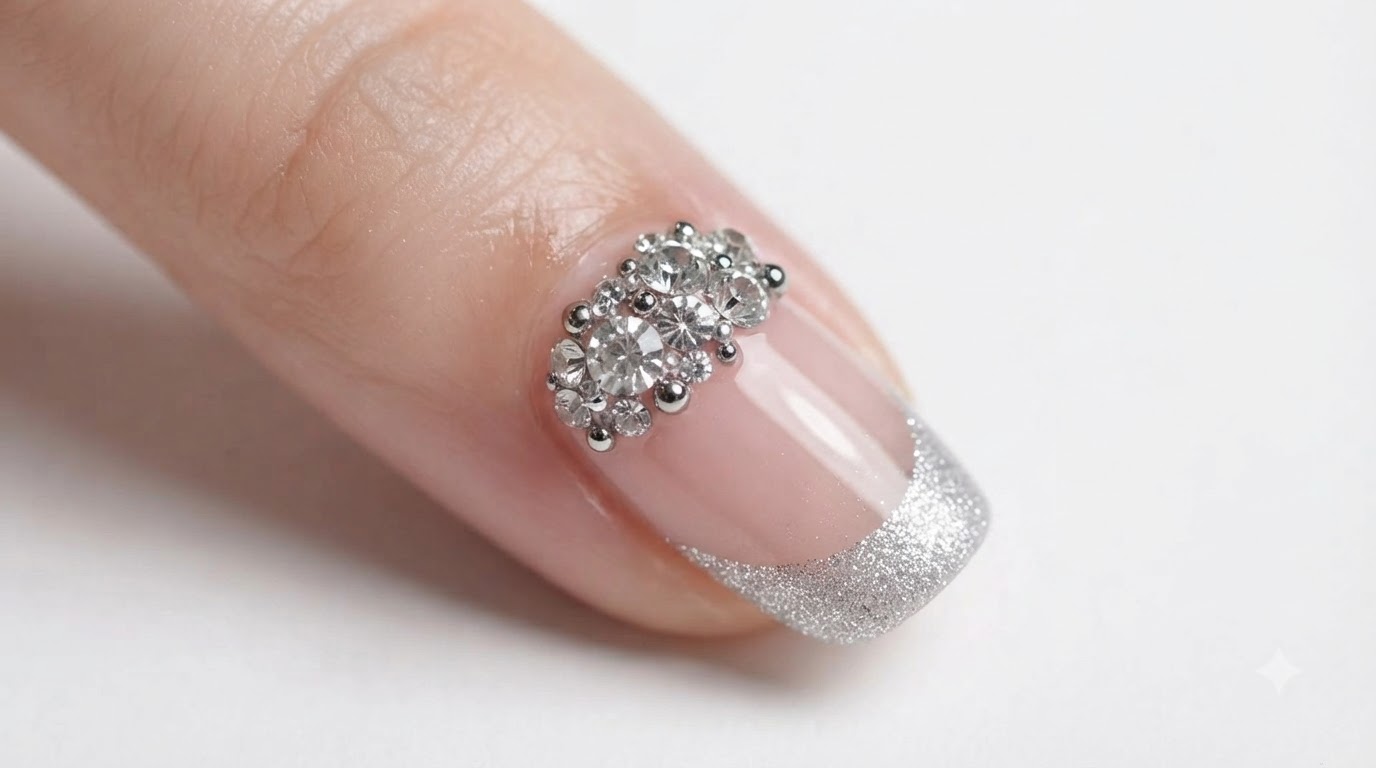 Manicura Francesa con Purpurina Plateada y Pedrería — Tutorial Paso a Paso