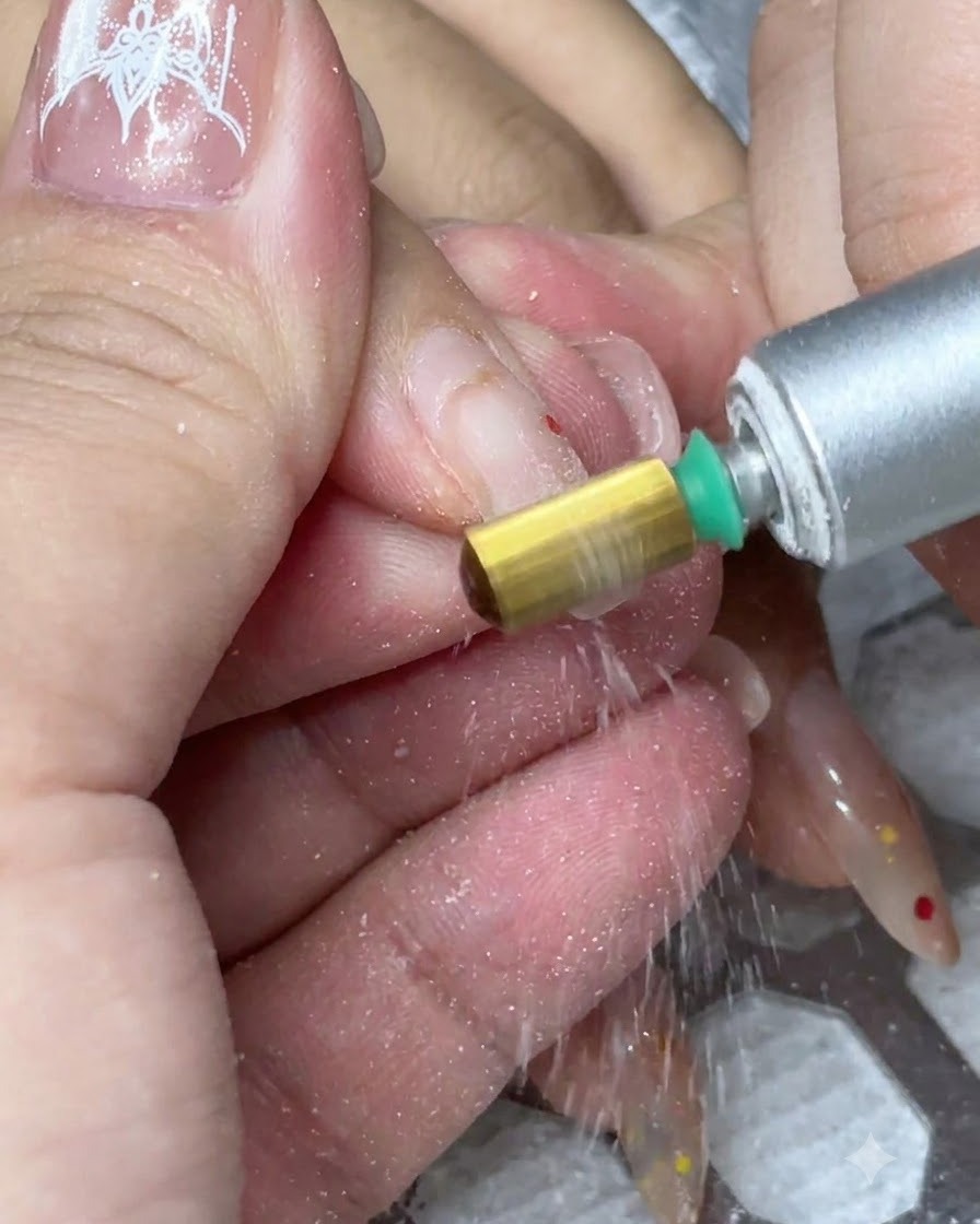 Un torno eléctrico con una broca de carburo dorada retirando producto de gel antiguo de una uña natural.