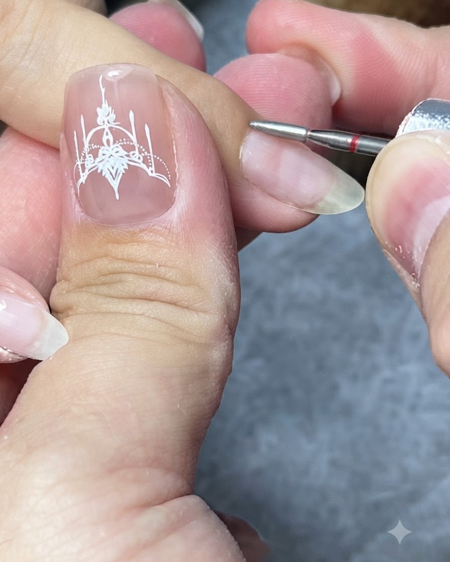 Un torno eléctrico con una pequeña broca de diamante limpiando el bolsillo de la cutícula de una uña.