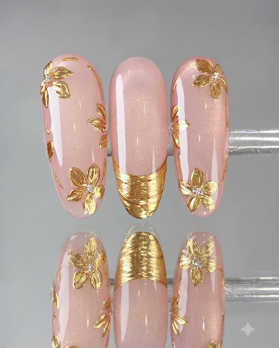 Pincel fino aplicando top coat para sellar el polvo sobre un diseño de uñas con punta francesa dorada.