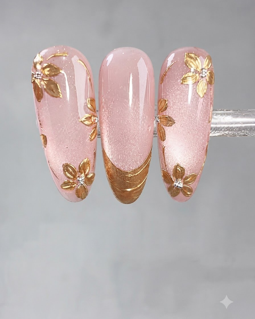 Herramienta de punteado formando pétalos de flores con gel adhesivo transparente en una uña rosa.