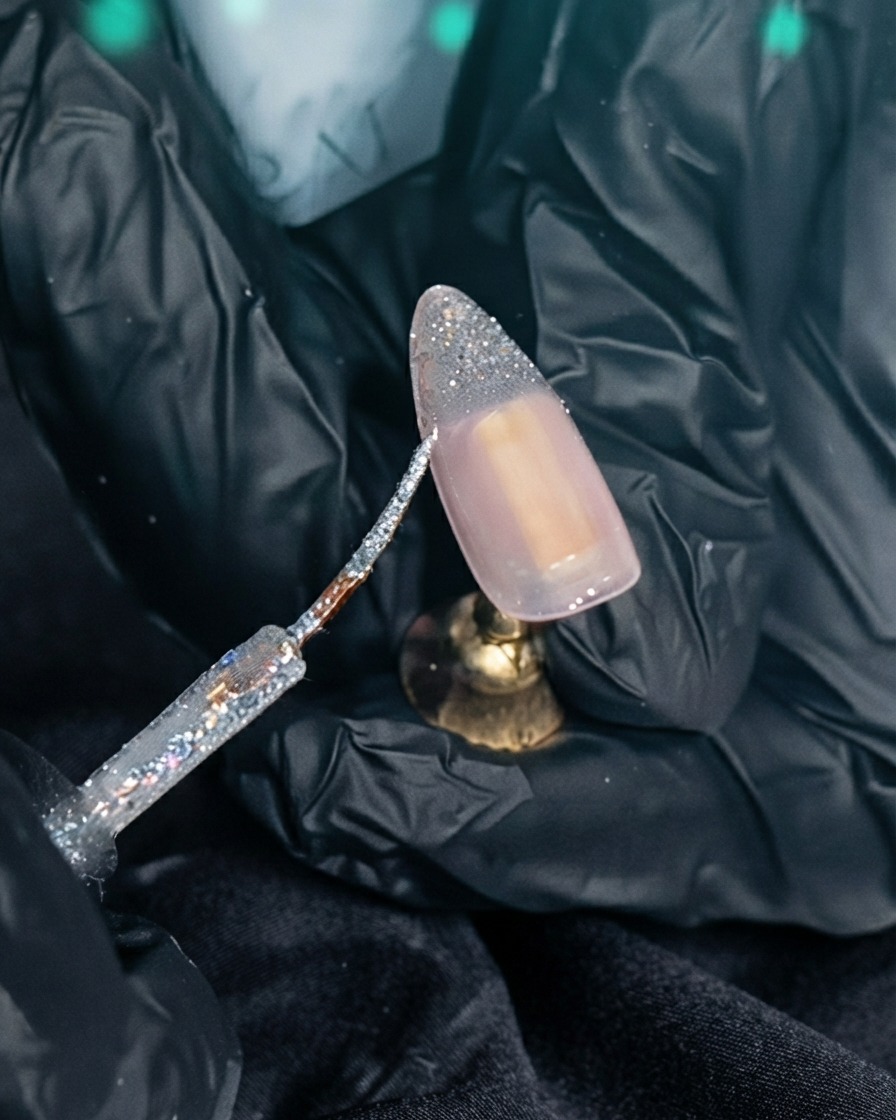 Un pincel rellenando la parte inferior de una punta francesa con gel plateado brillante.