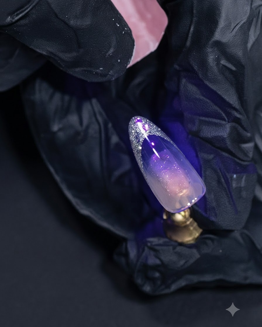 Una uña curándose bajo una luz UV morada con la punta francesa de platino plateado brillando intensamente.