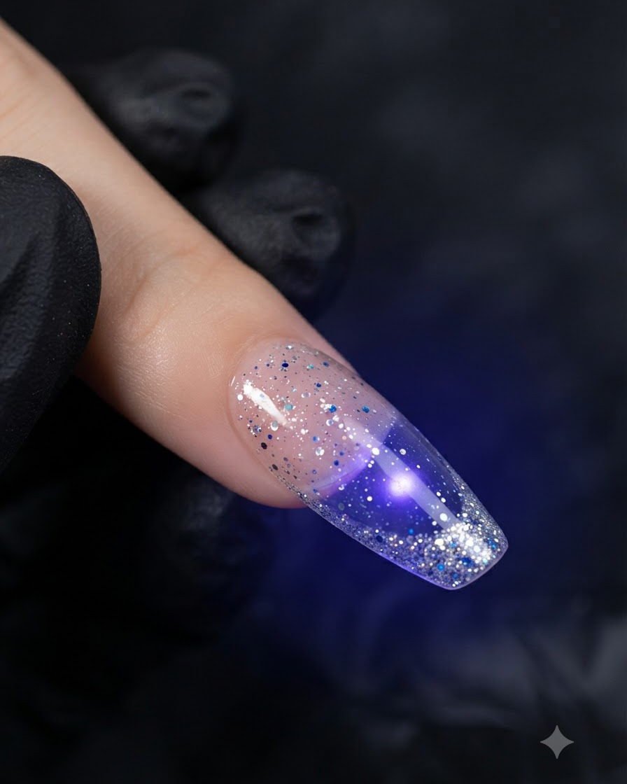 Un primer plano de una uña con glitter plateado bajo el brillo de una lámpara UV/LED morada durante el proceso de curado.
