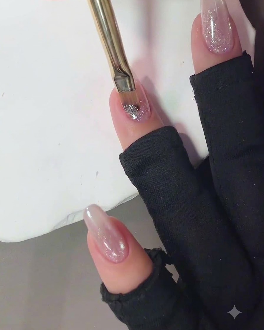 Un pincel de uñas aplicando gel brillante de diamante aplastado rosa en la porción superior de una uña.