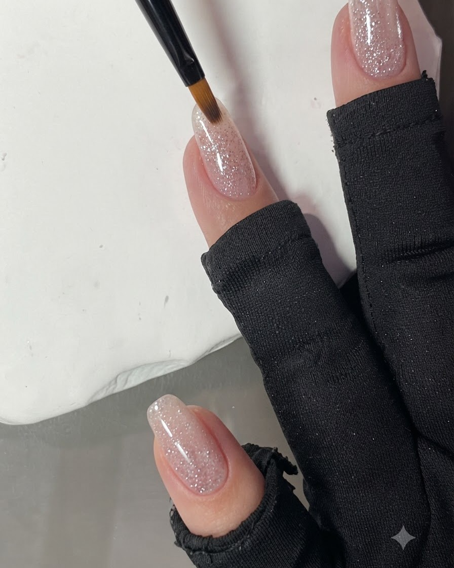 Un pincel de abanico difuminando suavemente las partículas de purpurina del gel de diamante aplastado rosa en una uña.