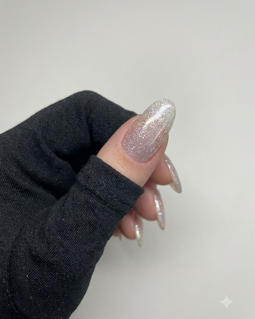 Una mano que muestra uñas brillantes de purpurina de diamante aplastado rosa completamente curadas bajo iluminación de estudio.
