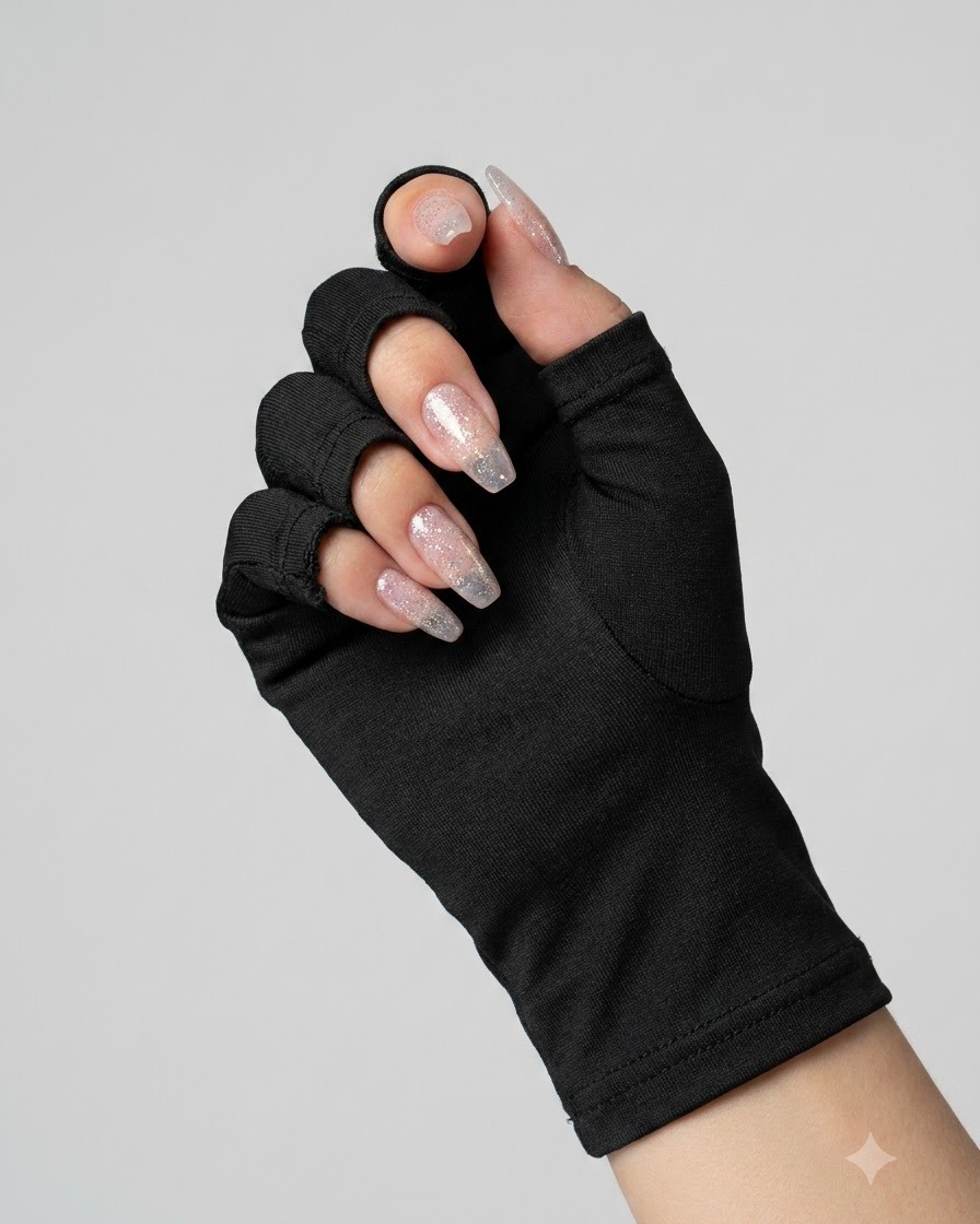 Una mano con guantes negros sin dedos que muestra uñas recubiertas con gel de refuerzo transparente.