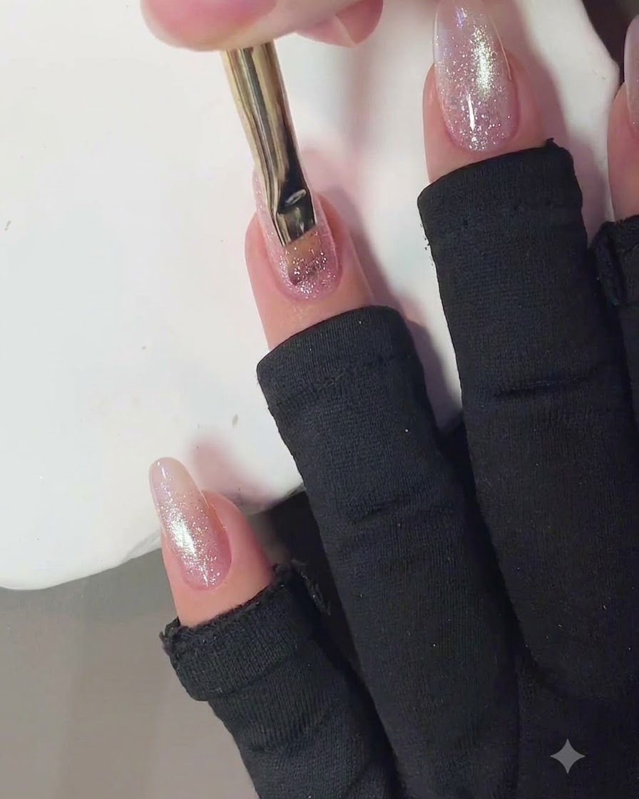 Un pincel de uñas aplicando una capa de gel de ojo de gato rosa sobre una uña manicurada.