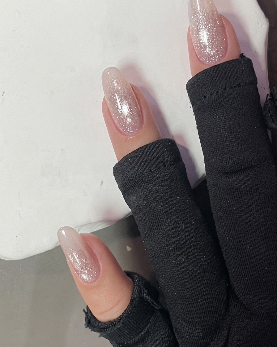 Dedos con gel de ojo de gato rosa colocados dentro de una lámpara de curado bajo luz brillante.