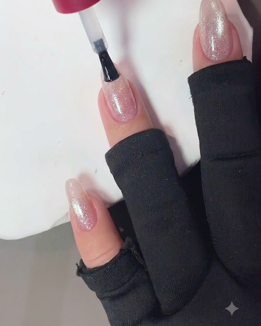 Un pincel de uñas aplicando una capa superior brillante sin residuos sobre una uña terminada de ojo de gato con diamantes aplastados rosa.