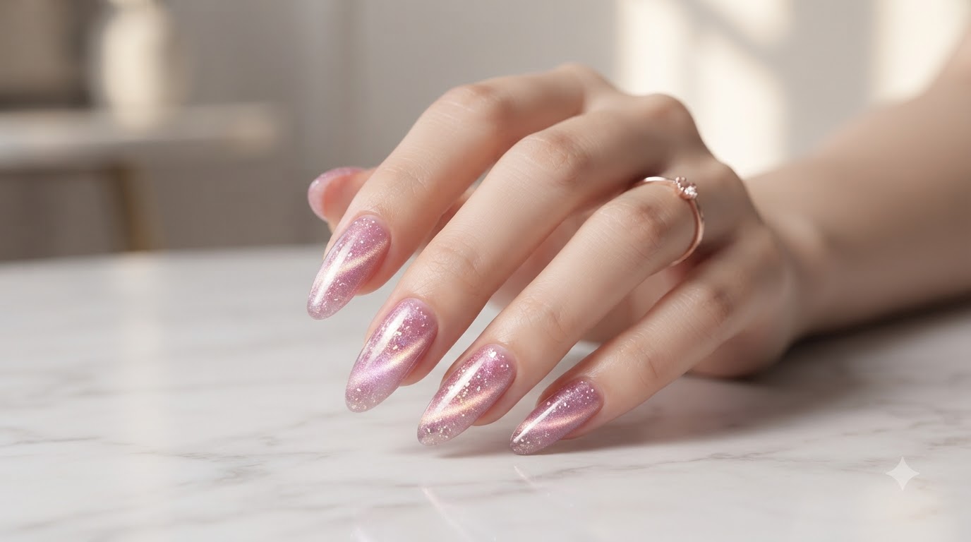 Uñas de Ojo de Gato con Diamantes Aplastados en Rosa — Tutorial Paso a Paso
