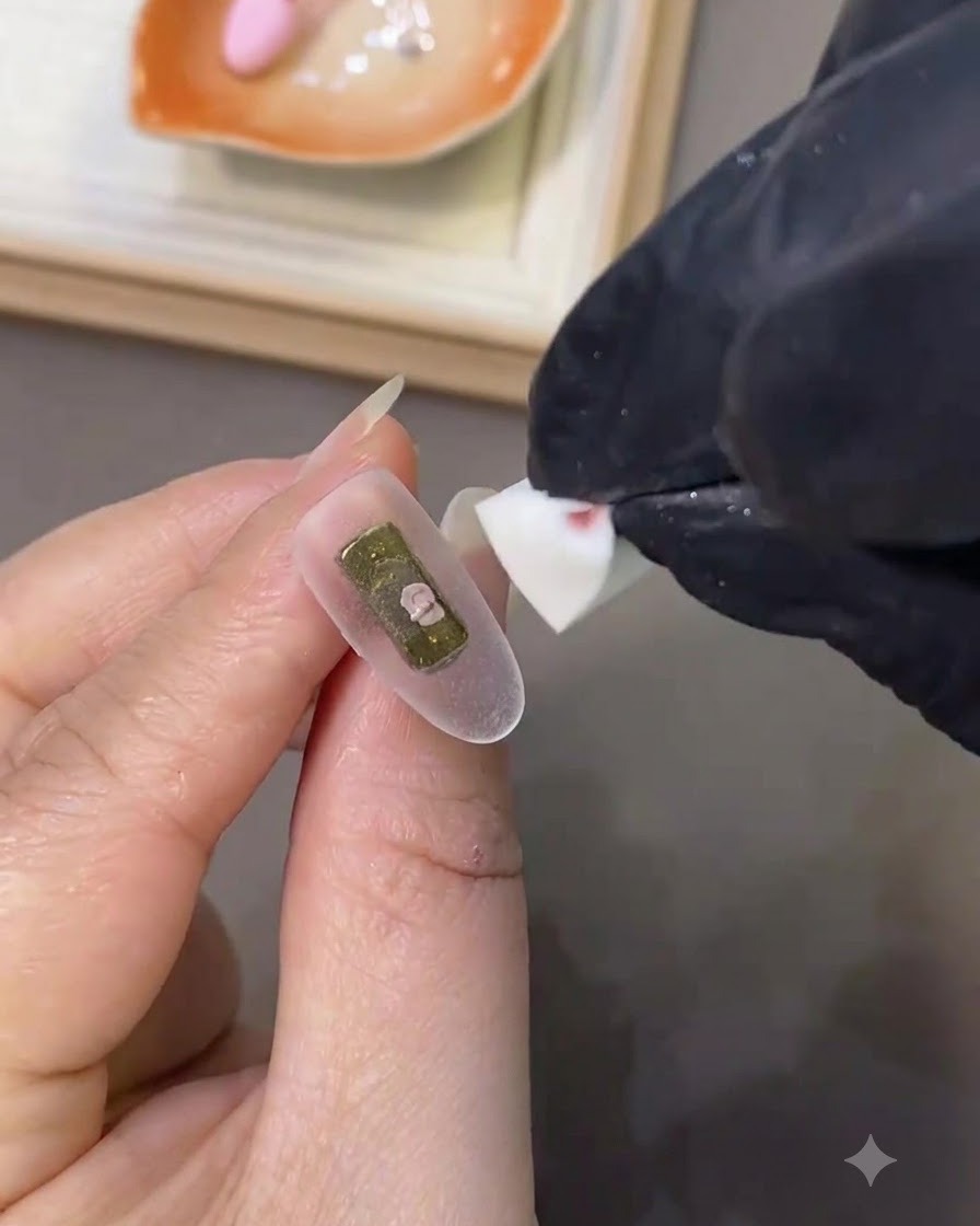 Un pincel aplicando una capa suave de esmalte en gel blanco lechoso sobre la superficie de una uña preparada.