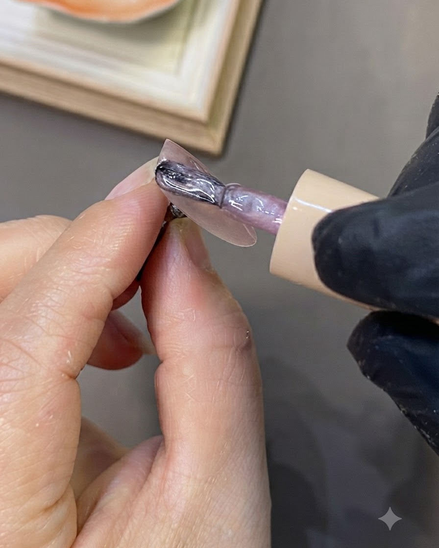 Un imán sobre una uña para dispersar las partículas de ojo de gato y crear un reflejo amplio.