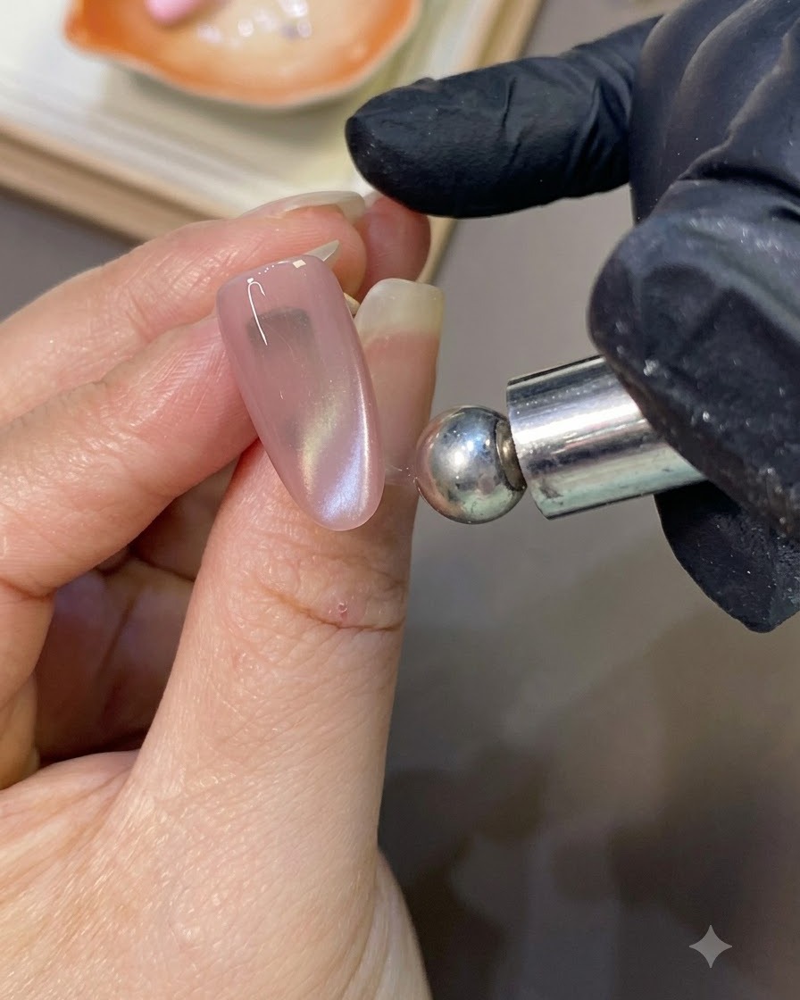 Una herramienta de imán esférico formando un reflejo concentrado de perla de ojo de gato en una uña de gel rosa.