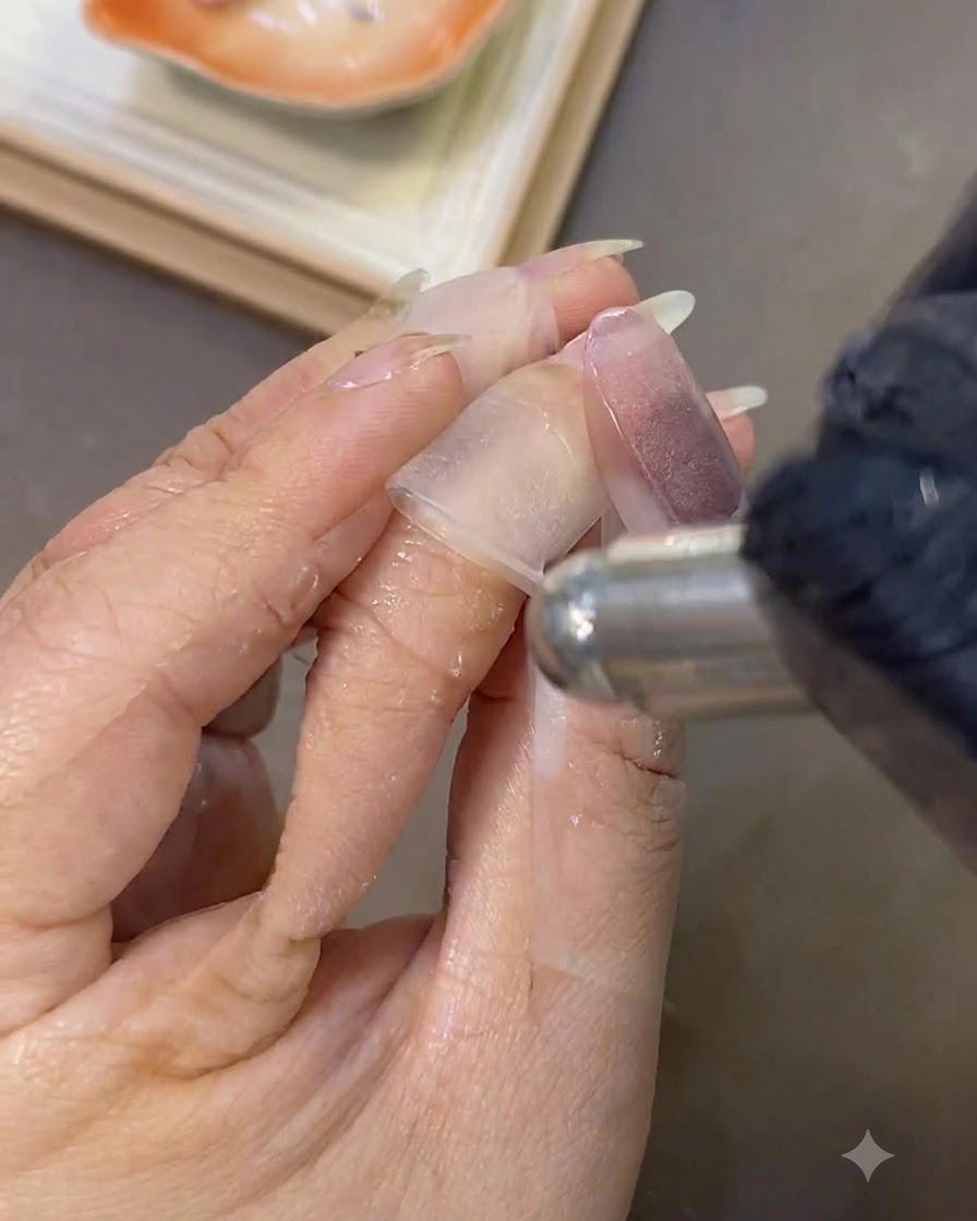 Una mano con guante usando una toallita empapada en limpiador sobre la superficie de una uña con efecto ojo de gato terminada.