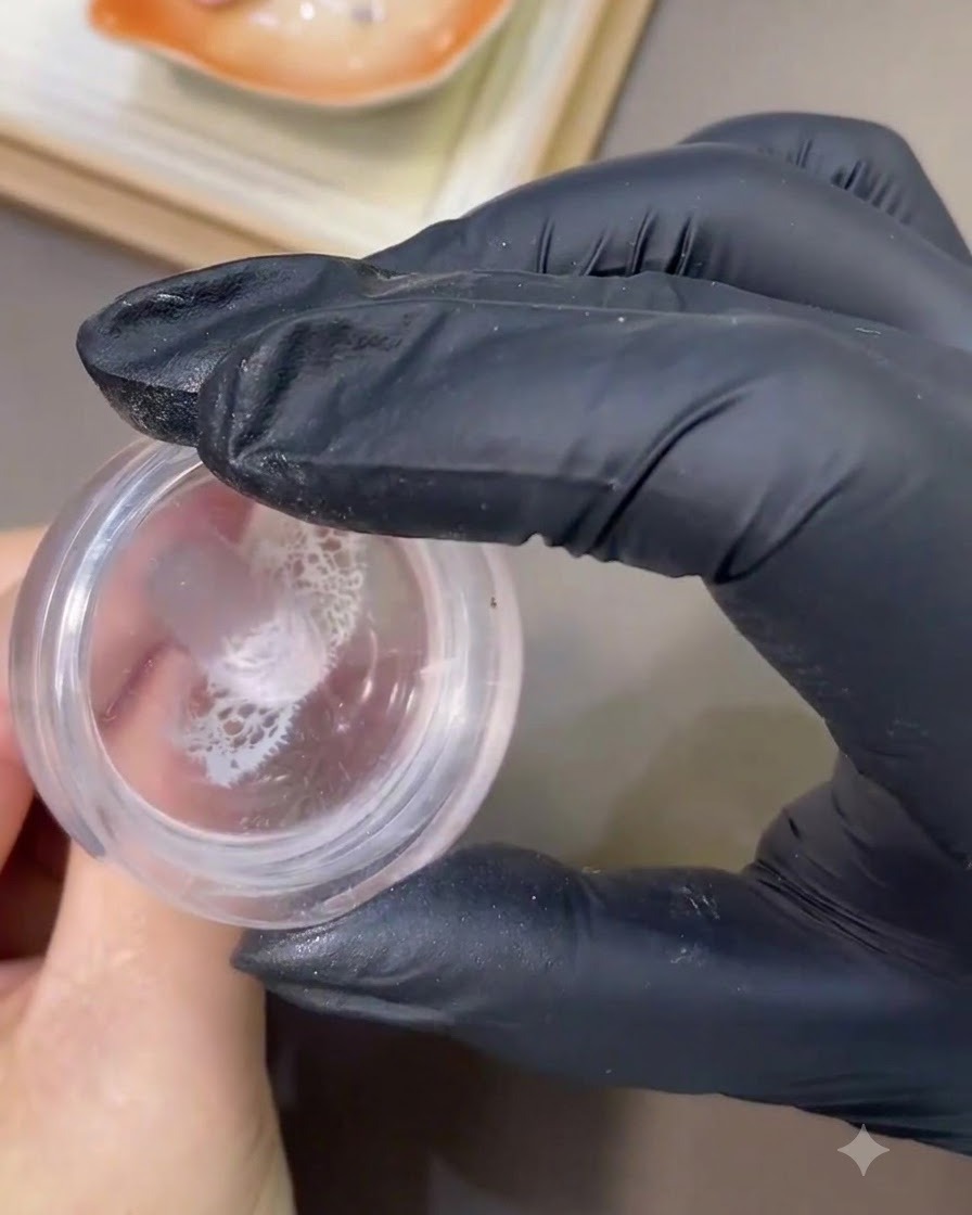 Un estampador de silicona transparente sosteniendo un patrón de encaje blanco que se presiona sobre la superficie de una uña decorada.