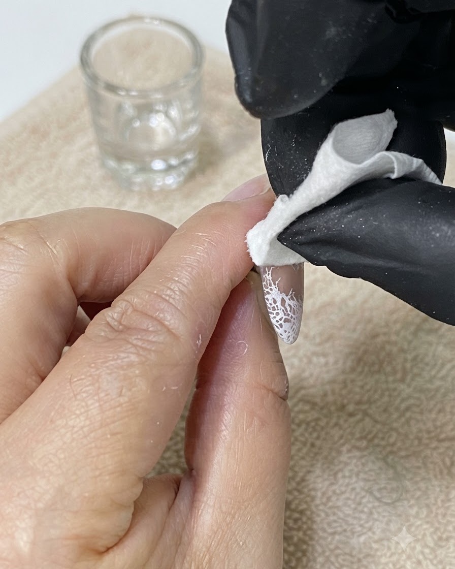 Un dedo enguantado usando una toallita para limpiar el exceso de esmalte en gel alrededor de los bordes de una uña.