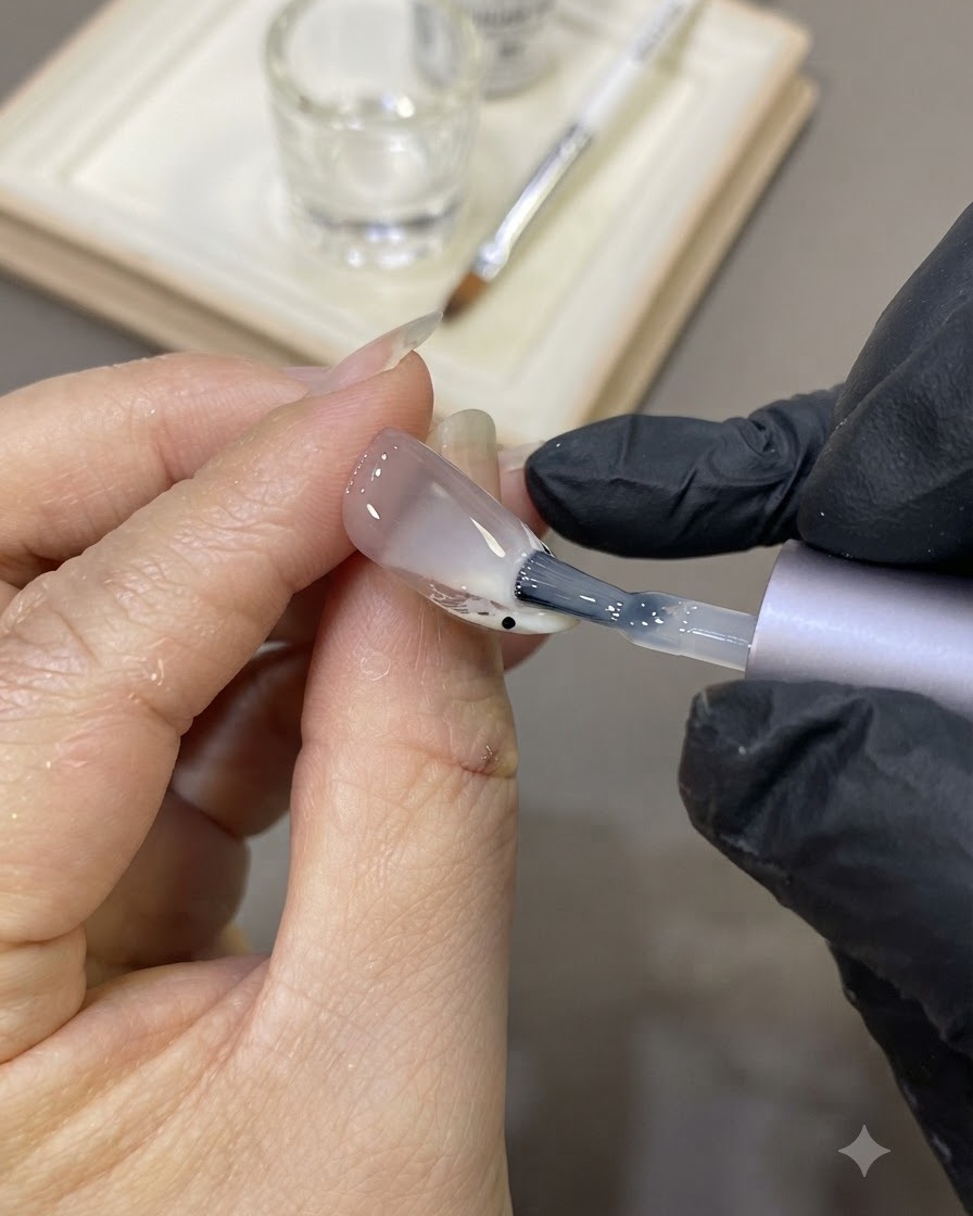 Un pincel aplicando una capa niveladora transparente de gel constructor sobre la superficie de la uña decorada.