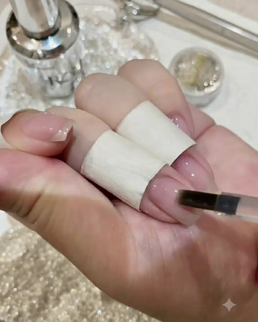 Una mano usando una lima de uñas para alisar suavemente una sección específica de la superficie de la uña curada para la colocación de la gema.