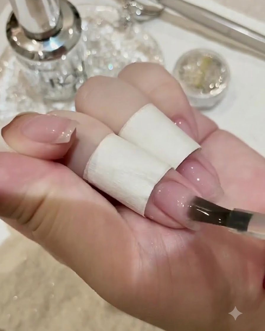 Un pincel de detalle colocando una gota precisa de pegamento adhesivo espeso para pedrería sobre la superficie de la uña preparada.