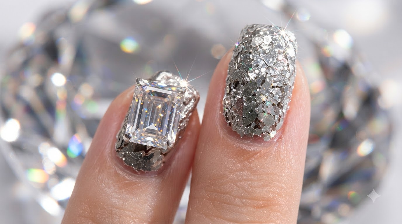 Uñas con Purpurina Plateada y Piedras Preciosas — Tutorial Paso a Paso
