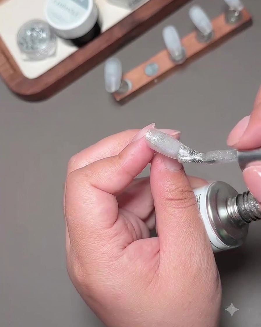 Un pincel aplicando esmalte en gel ojo de gato con fragmentos plateados sobre la punta de una uña.