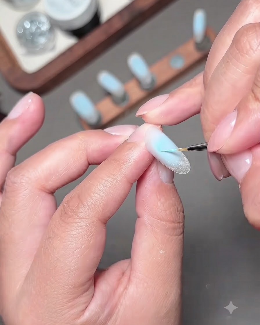 Un pincel fino de nail art pintando un delicado diseño de lazo de mariposa azul en la superficie de una uña.