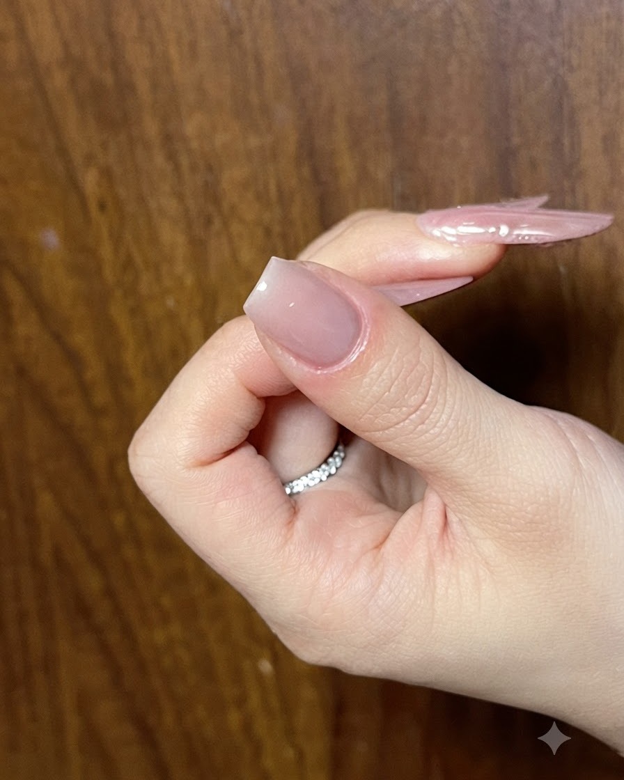 Vista de cerca de una mano que muestra una uña cuidadosamente moldeada con una capa base de gel nude brillante aplicada.