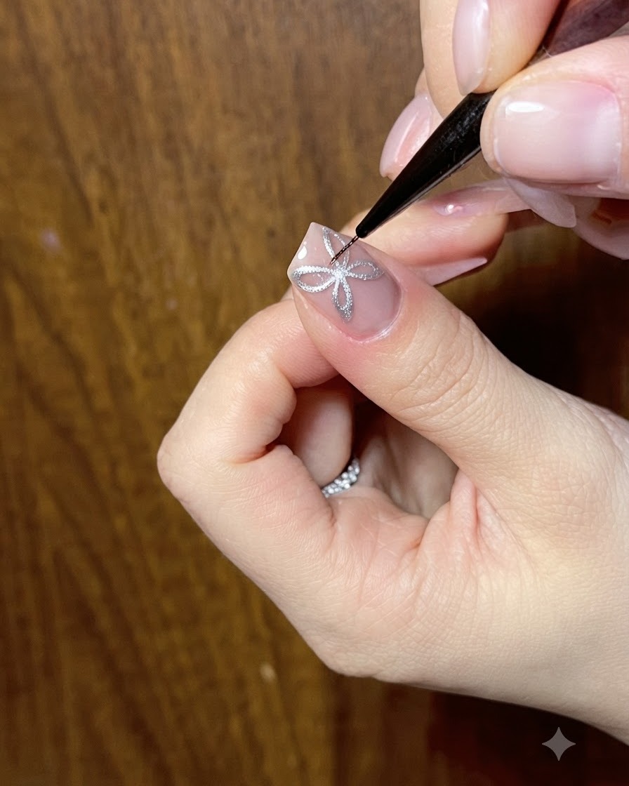 Un artista de uñas utilizando un pincel fino para refinar las líneas intrincadas de un diseño de lazo de mariposa de ojo de gato plateado en una uña.