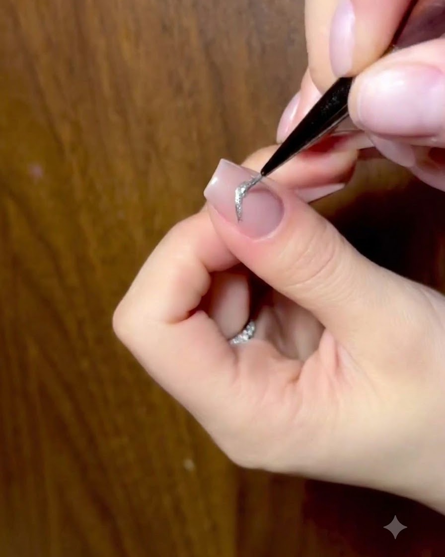 Un primer plano detallado de una técnica de uñas usando un pincel fino para aplicar brillo brillante sobre un diseño de lazo de mariposa de ojo de gato plateado.