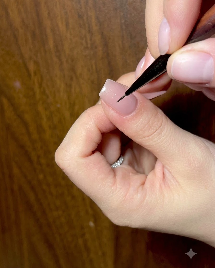Vista de cerca de un pincel aplicando una capa superior brillante sobre el diseño final de arte de uñas de mariposa.