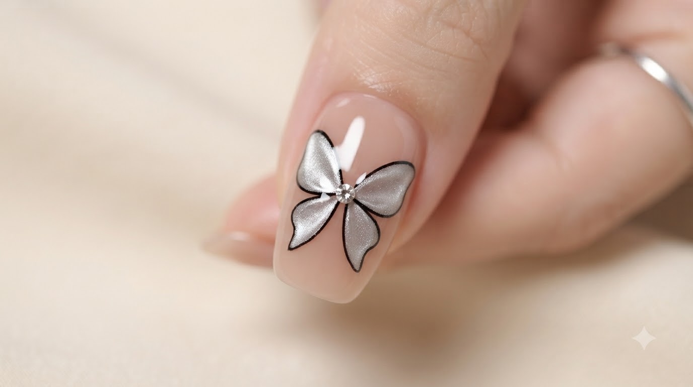Primer plano de una uña bien manicurada con un diseño de lazo de mariposa plateado pintado con detalles de ojo de gato y negro, terminado con una capa superior brillante.