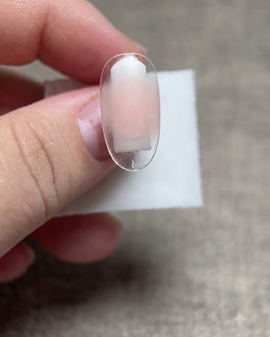 Una punta de uña transparente que muestra un brillo sutil y una capa de esmalte de gel de color claro aplicada sobre la superficie.