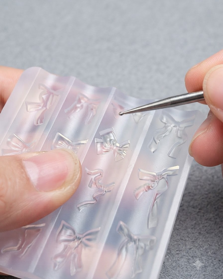 Un par de pinzas levantando un elemento de lazo 3D transparente de un molde de silicona para arte de uñas.