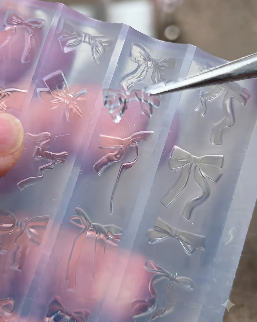 Un par de pinzas metálicas levantando cuidadosamente un lazo 3D transparente y endurecido de un molde de silicona para arte de uñas.