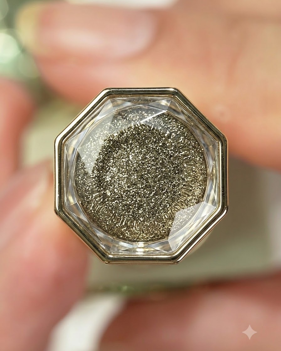 Vista en primer plano de un frasco de esmalte de gel de lujo con un tapón facetado y contenido de purpurina dorada brillante.