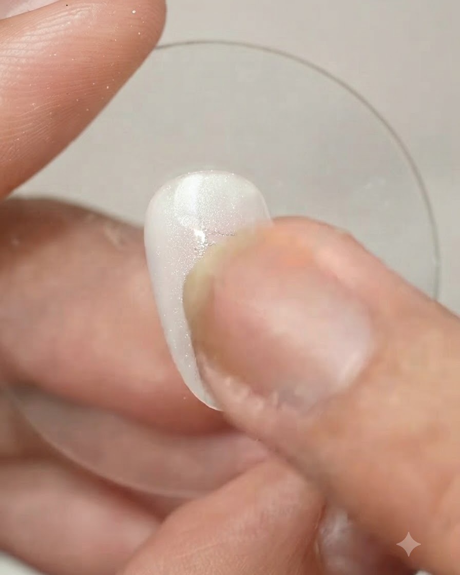 Dedo utilizando un aplicador de esponja para pulir el polvo mágico M01 de Baibaoxian sobre la superficie brillante de la uña.