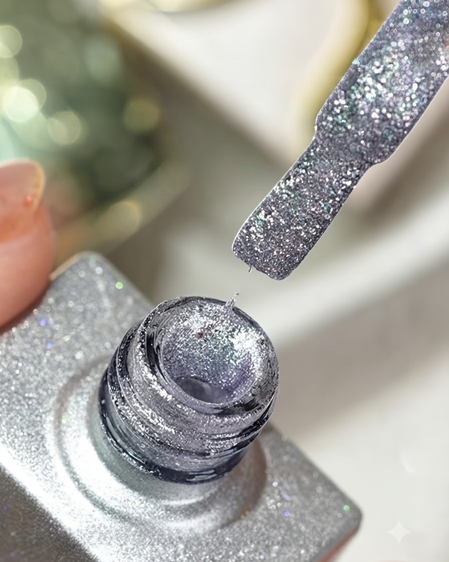 Pincel fino para nail art tomando gel de diamante triturado plateado desde la boca de un frasco, listo para su aplicación detallada.