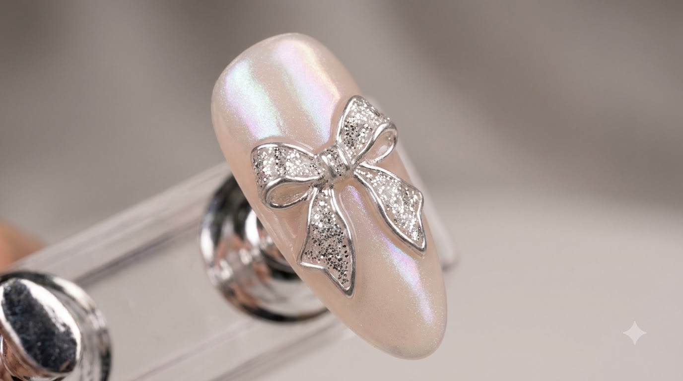 Uñas de Oro Nude con Lazo de Purpurina Plateada y Efecto Cromado — Tutorial Paso a Paso
