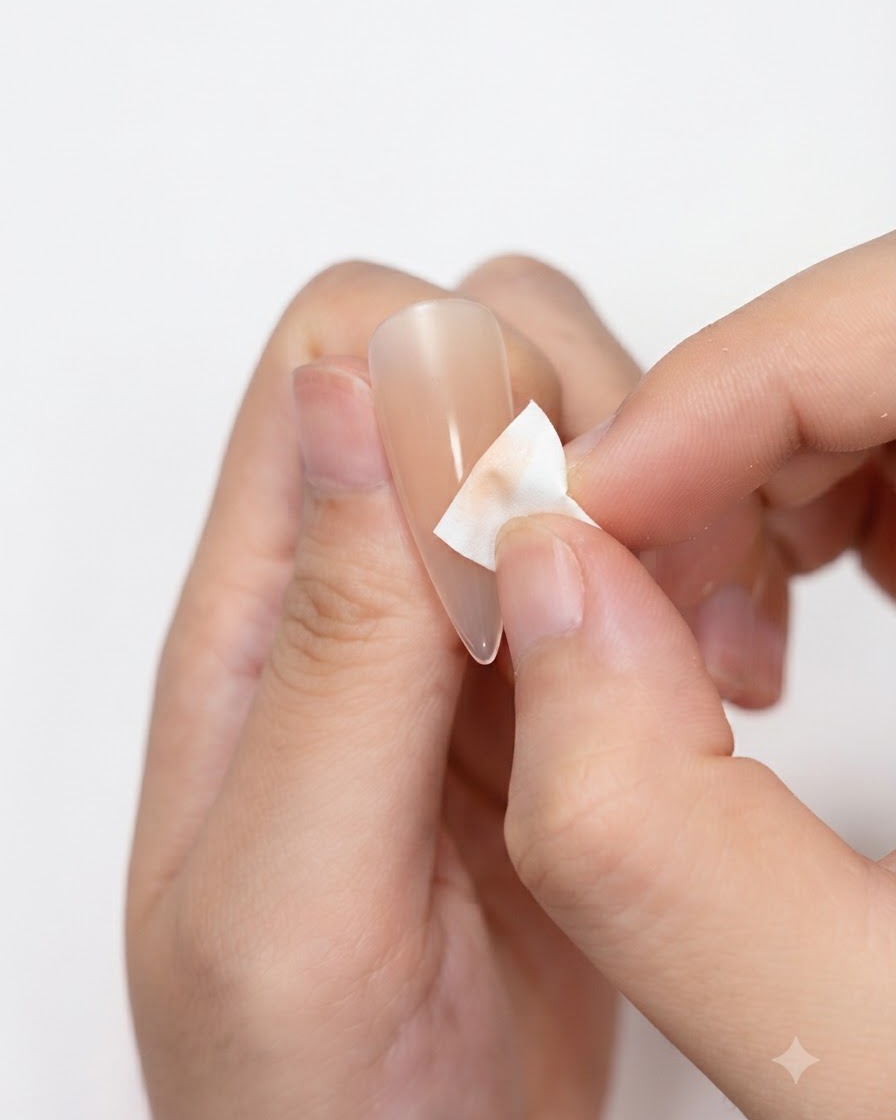 Una mano limpiando o aplicando adhesivo nude cerca del área de la cutícula de una punta de uña artificial.