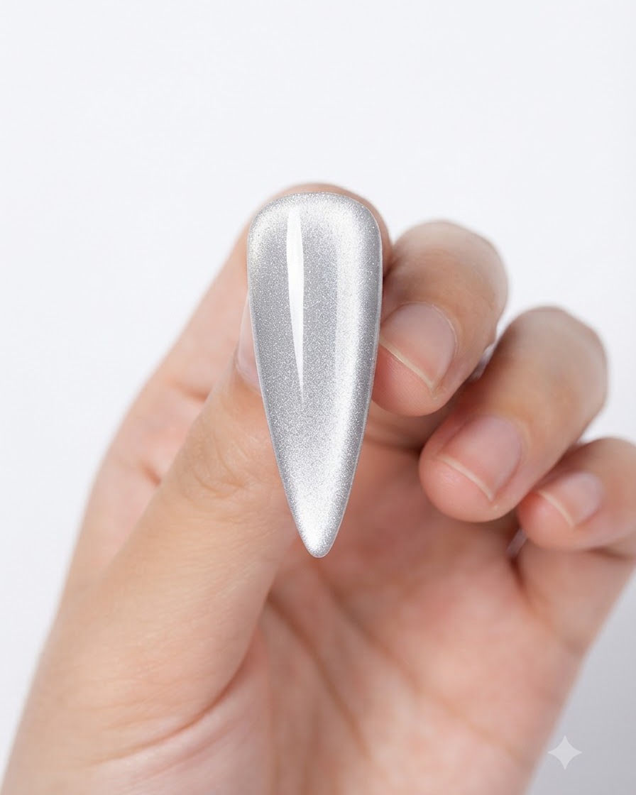 Un primer plano de una uña con esmalte cat-eye plateado que muestra un reflejo ancho creado con un imán.