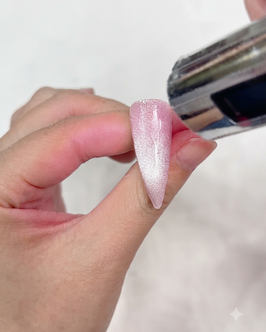 Una pequeña lámpara UV portátil curando un diseño de lazo negro recién pintado en una uña cat-eye plateada con matices rosados y brillantes.
