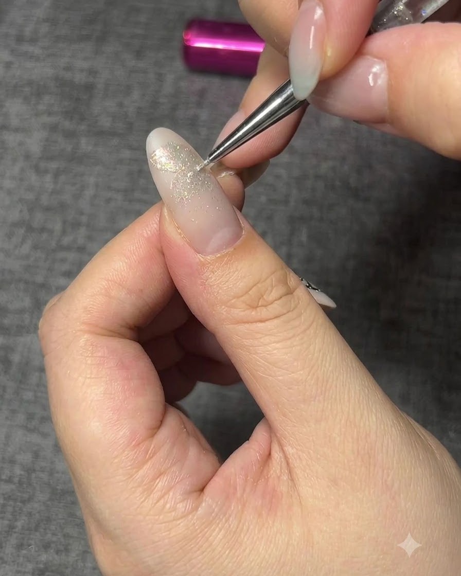 Un pincel aplicador espolvoreando polvo aurora sobre la forma de la mariposa.