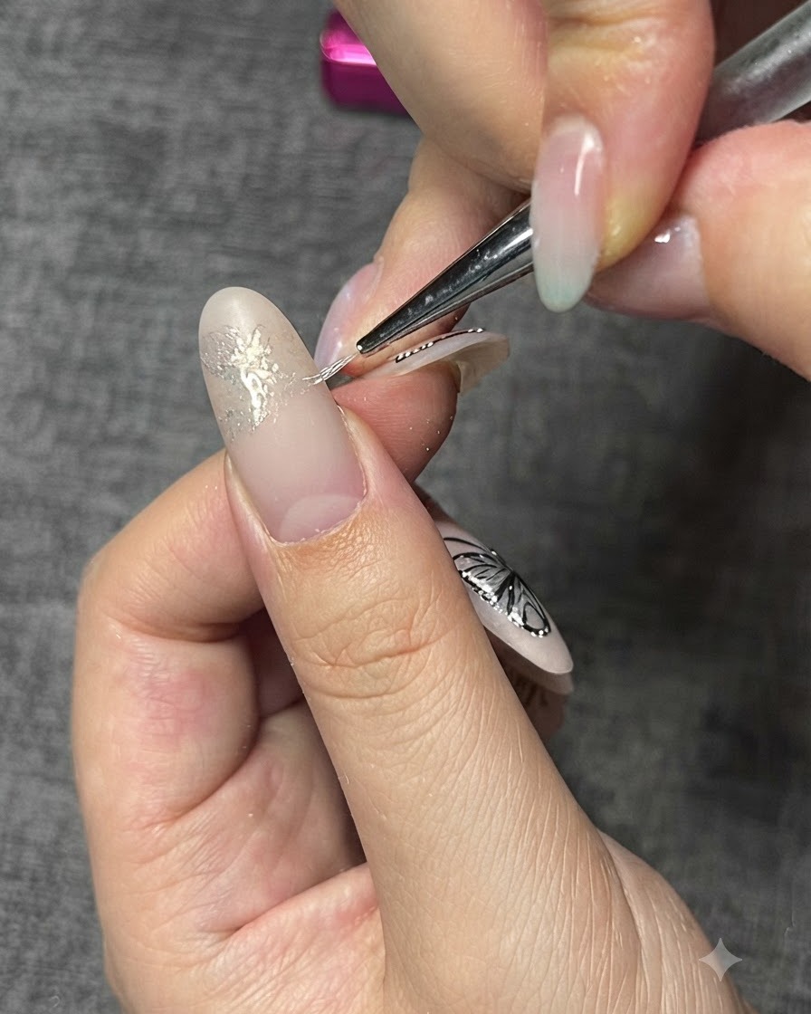 Un pincel delineador fino trabajando en detalles sobre el diseño con polvo.