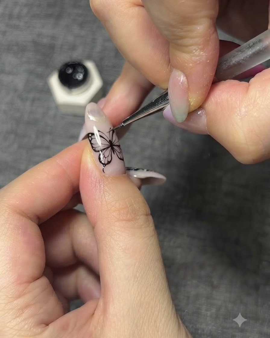 Primer plano de una manicurista perfeccionando los contornos negros de un ala de mariposa.