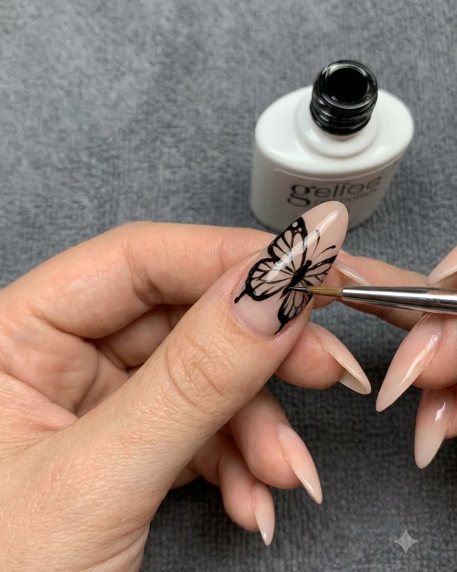 Una manicurista pintando líneas finas de venas dentro del contorno de una mariposa.