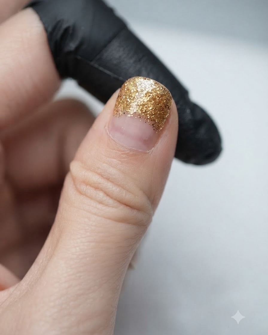 Una lima pulidora de uñas alisando la superficie texturizada de una uña con purpurina.