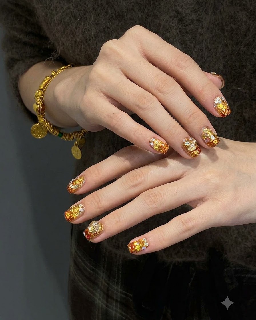 Una manicurista profesional sosteniendo un pequeño tarro de gel fijador de pedrería transparente junto a una uña decorada.